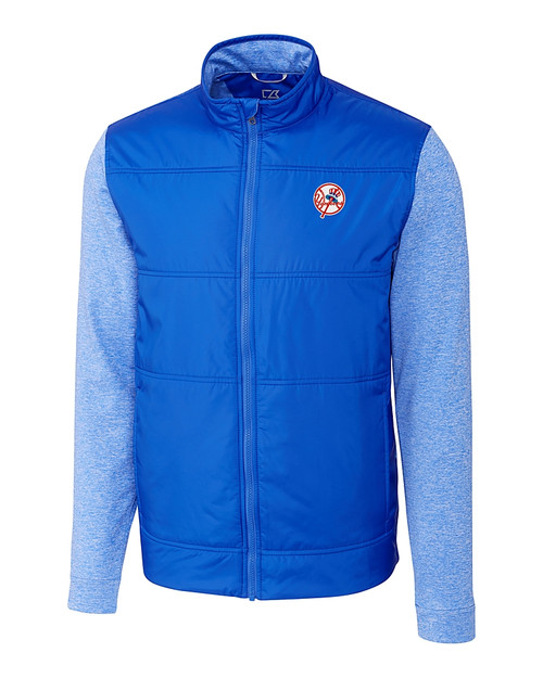 New York Yankees Cooperstown Cutter & Buck Stealth Hybrid Quilted Mens Big and Tall Full Zip Windbreaker Jacket Chelan Blue Mannequin