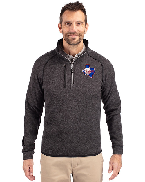 Texas Rangers Cooperstown Cutter & Buck Mainsail Sweater-Knit Mens Big and Tall Half Zip Pullover Jacket Charcoal Heather Front
