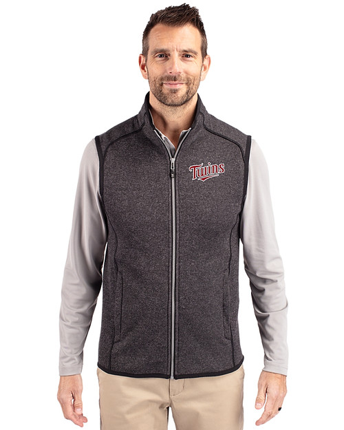 Minnesota Twins Cooperstown Cutter & Buck Mainsail Sweater-Knit Mens Big and Tall Full Zip Vest Charcoal Heather Front
