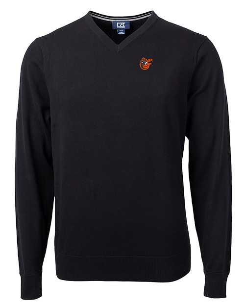 Baltimore Orioles Cooperstown Cutter & Buck Lakemont Tri-Blend Mens Big and Tall V-Neck Pullover Sweater Black Mannequin