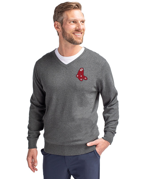 Boston Red Sox Cooperstown Cutter & Buck Lakemont Tri-Blend Mens Big and Tall V-Neck Pullover Sweater Charcoal Heather Front