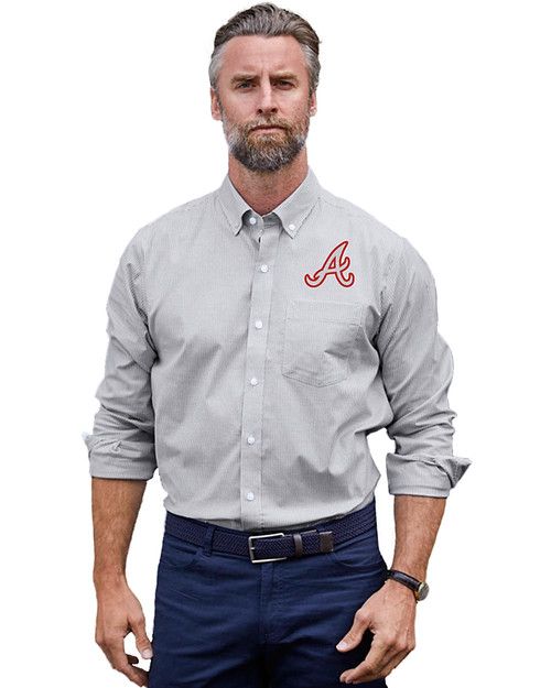 Atlanta Braves Cooperstown Cutter & Buck Stretch Oxford Stripe Mens Big and Tall Long Sleeve Dress Shirt Charcoal Front