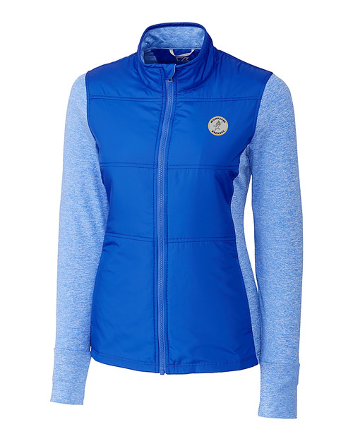 Milwaukee Brewers Cooperstown Cutter & Buck Stealth Recycled Hybrid Quilted Womens Windbreaker Jacket Chelan Blue Mannequin