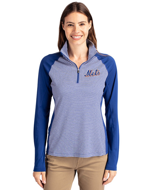 New York Mets Cooperstown Cutter & Buck Forge Tonal Stripe Stretch Half Zip Womens Top Tour Blue Front