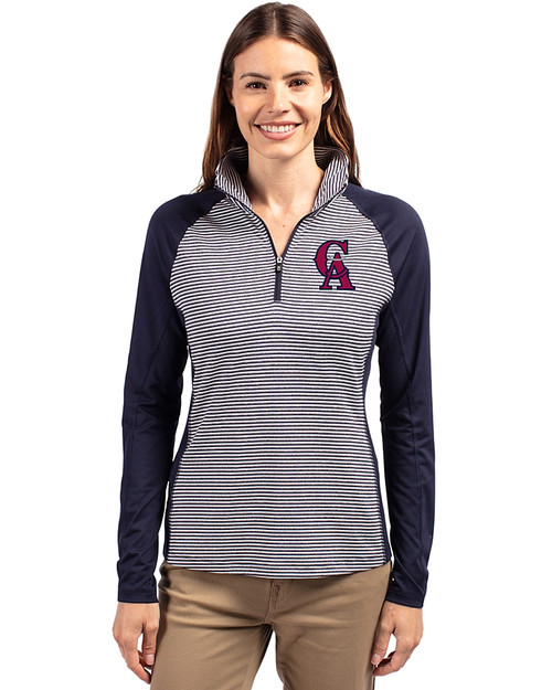 Los Angeles Angels Cooperstown Cutter & Buck Forge Tonal Stripe Stretch Half Zip Womens Top Liberty Navy Front