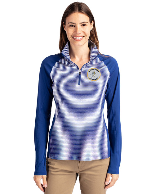 Milwaukee Brewers Cooperstown Cutter & Buck Forge Tonal Stripe Stretch Half Zip Womens Top Tour Blue Front
