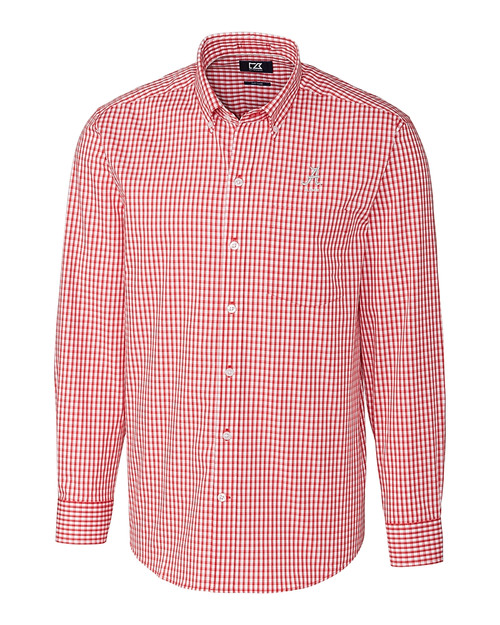 Alabama Crimson Tide Alumni Cutter & Buck Easy Care Stretch Gingham Mens Big & Tall Long Sleeve Button Down Shirt Cardinal Red Mannequin