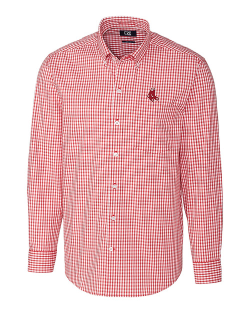Boston Red Sox Cooperstown Cutter & Buck Easy Care Stretch Gingham Mens Big and Tall Long Sleeve Dress Shirt Cardinal Red Mannequin