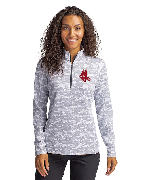 Boston Red Sox Cooperstown Cutter & Buck Traverse Stretch Eco Camo Print Quarter Zip Womens Pullover Charcoal Front