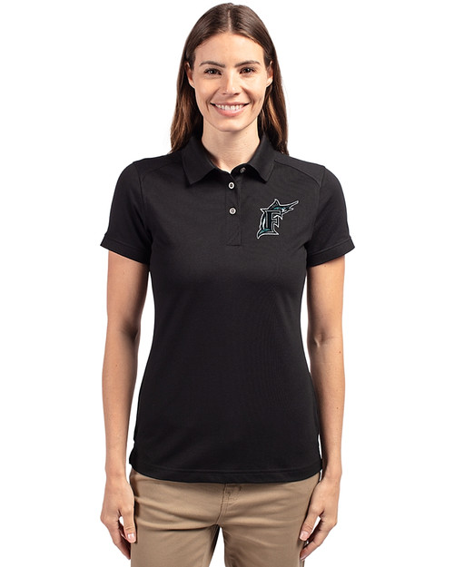 Miami Marlins Cooperstown Cutter & Buck Advantage Eco Tri-Blend Pique Womens Polo Black Front