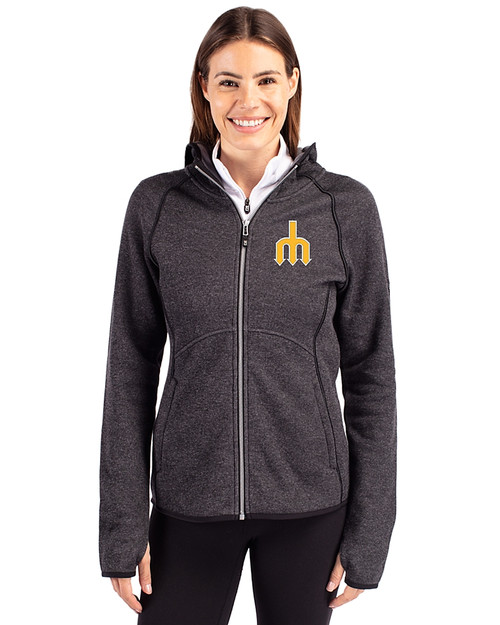 Seattle Mariners Cooperstown Cutter & Buck Mainsail Full Zip Hooded Womens Jacket Charcoal Heather Front