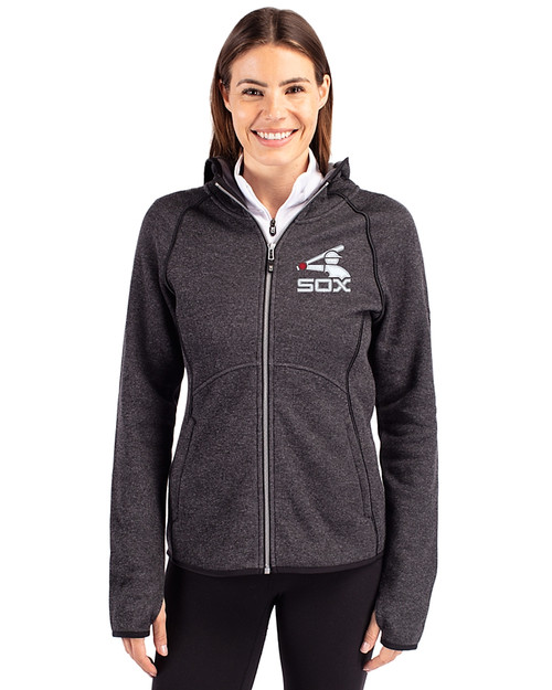 Chicago White Sox Cooperstown Cutter & Buck Mainsail Sweater-Knit Womens Full Zip Hooded Jacket Charcoal Heather Front