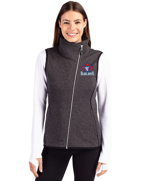 Toronto Blue Jays Cooperstown Cutter & Buck Mainsail Sweater Knit Womens Asymmetrical Vest Charcoal Heather Front