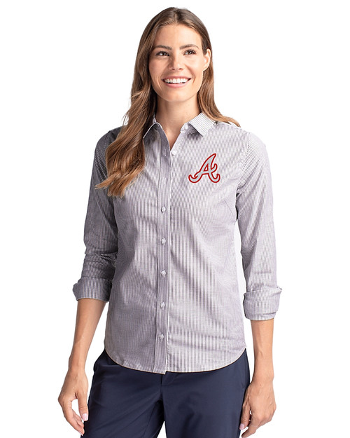 Atlanta Braves Cooperstown Cutter & Buck Stretch Oxford Stripe Womens Long Sleeve Dress Shirt Charcoal Front