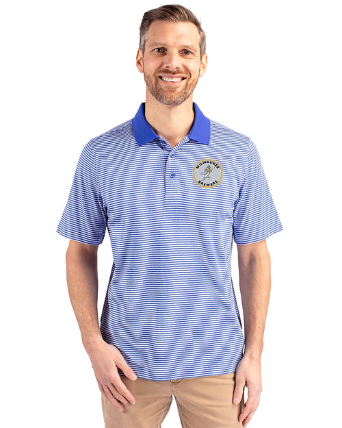 Milwaukee Brewers Cooperstown Cutter & Buck Forge Tonal Stripe Stretch Mens Polo Chelan Blue Front