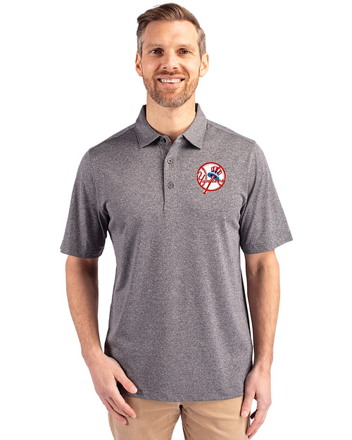 New York Yankees Cooperstown Cutter & Buck Forge Heathered Stretch Mens Polo Charcoal Heather Front