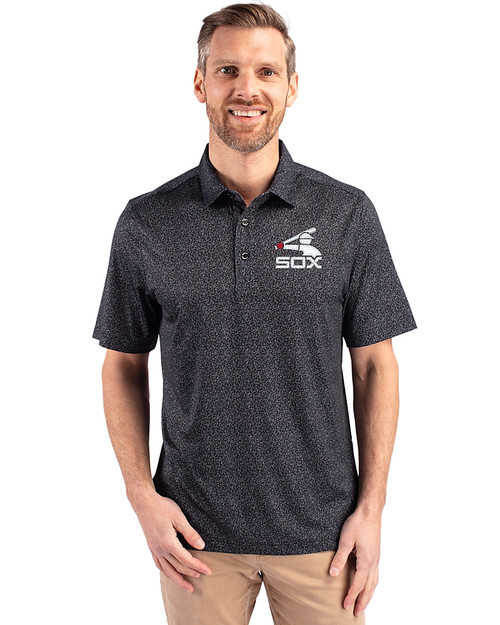 Chicago White Sox Cooperstown Cutter & Buck Pike Micro Floral Print Stretch Mens Polo Black Front