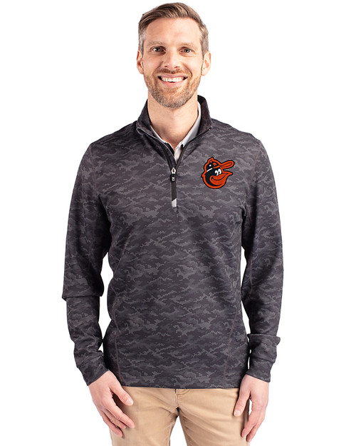 Baltimore Orioles Cooperstown Cutter & Buck Traverse Stretch Eco Camo Print Quarter Zip Mens Pullover Black Front