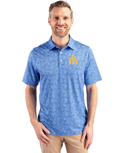 Seattle Mariners Cooperstown Cutter & Buck Pike Constellation Print Stretch Mens Polo Chelan Blue Front