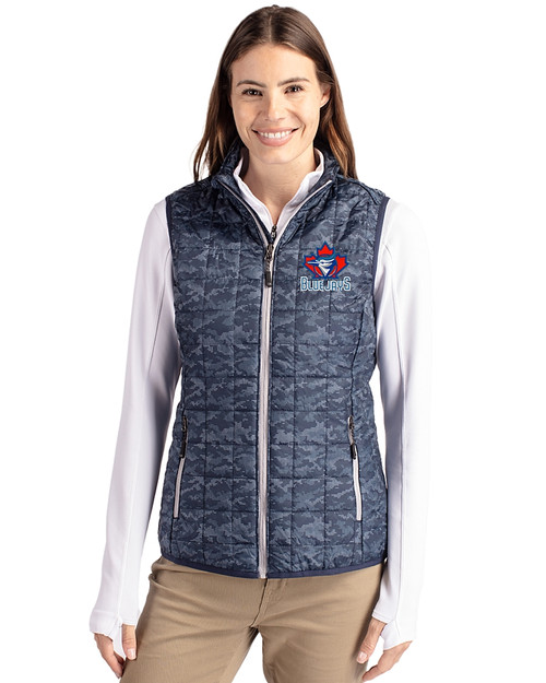 Toronto Blue Jays Cooperstown Cutter & Buck Rainier PrimaLoft® Womens Eco Insulated Full Zip Printed Puffer Vest Dark Navy Front