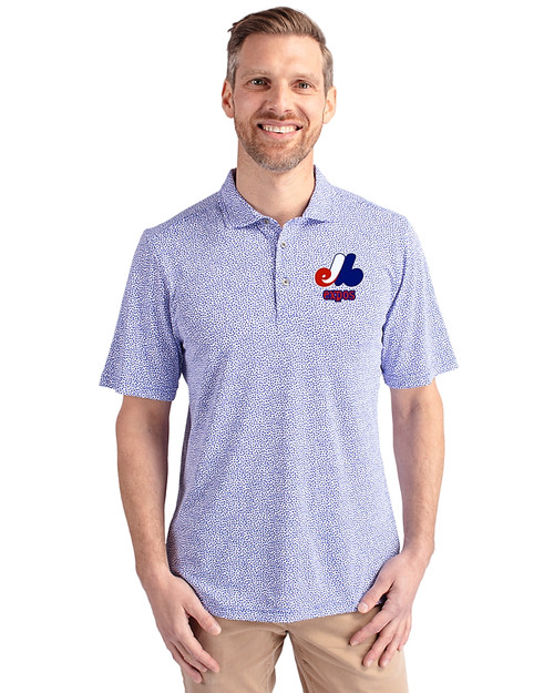 Montreal Expos Cooperstown Cutter & Buck Virtue Eco Pique Botanical Print Recycled Mens Polo Chelan Blue Front