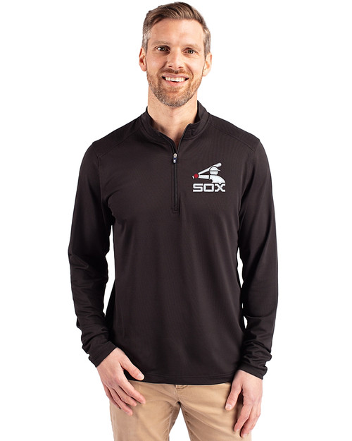 Chicago White Sox Cooperstown Cutter & Buck Virtue Eco Pique Recycled Quarter Zip Mens Pullover Black Front
