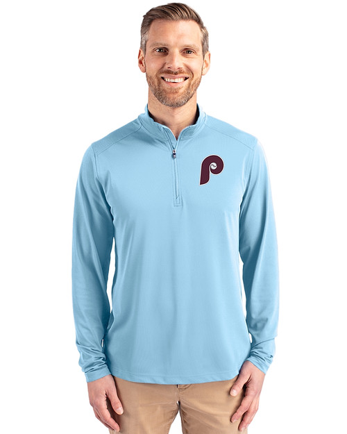 Philadelphia Phillies Cooperstown Cutter & Buck Virtue Eco Pique Recycled Quarter Zip Mens Pullover Atlas Light Blue Front