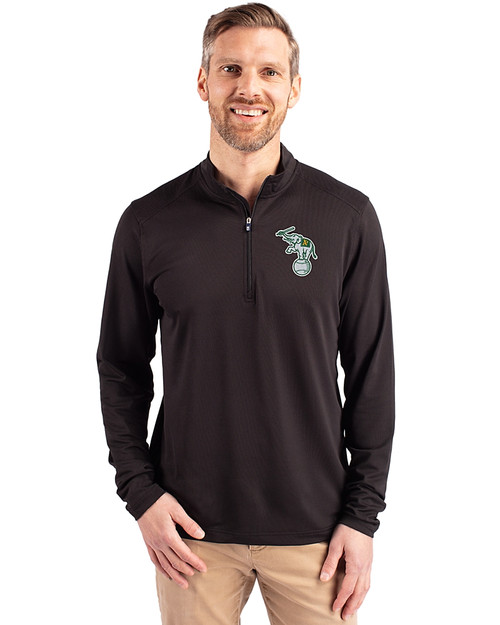 Athletics Cooperstown Cutter & Buck Virtue Eco Pique Recycled Quarter Zip Mens Pullover Black Front