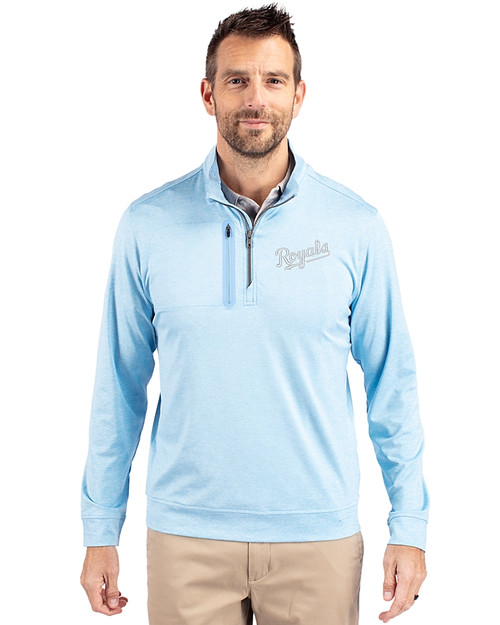Kansas City Royals Cooperstown Cutter & Buck Stealth Heathered Quarter Zip Mens Pullover Atlas Light Blue Front