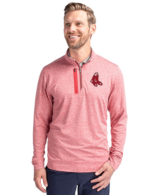 Boston Red Sox Cooperstown Cutter & Buck Stealth Heathered Quarter Zip Mens Pullover Cardinal Red Front