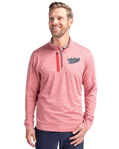 Minnesota Twins Cooperstown Cutter & Buck Stealth Heathered Mens Quarter Zip Cardinal Red Front