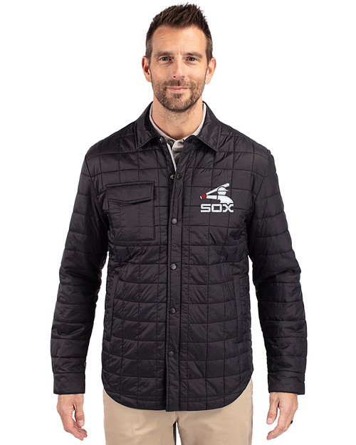 Chicago White Sox Cooperstown Cutter & Buck Rainier PrimaLoft® Mens Eco Insulated Quilted Shirt Jacket Black Front