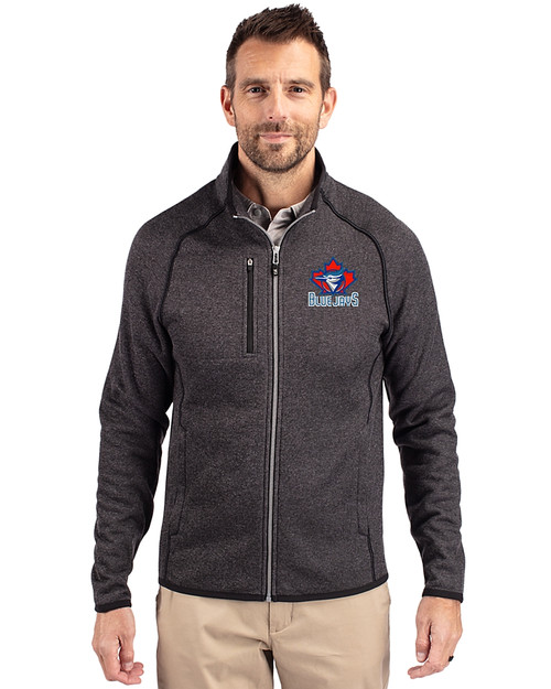 Toronto Blue Jays Cooperstown Cutter & Buck Mainsail Sweater-Knit Mens Full Zip Jacket Charcoal Heather Front