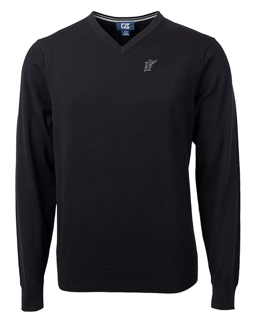 Miami Marlins Cooperstown Cutter & Buck Lakemont Tri-Blend Mens V-Neck Pullover Sweater Black Mannequin