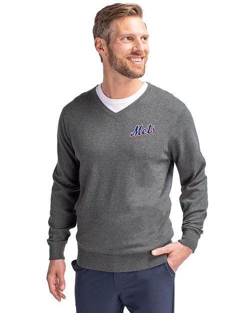 New York Mets Cooperstown Cutter & Buck Lakemont Tri-Blend Mens V-Neck Pullover Sweater Charcoal Heather Front