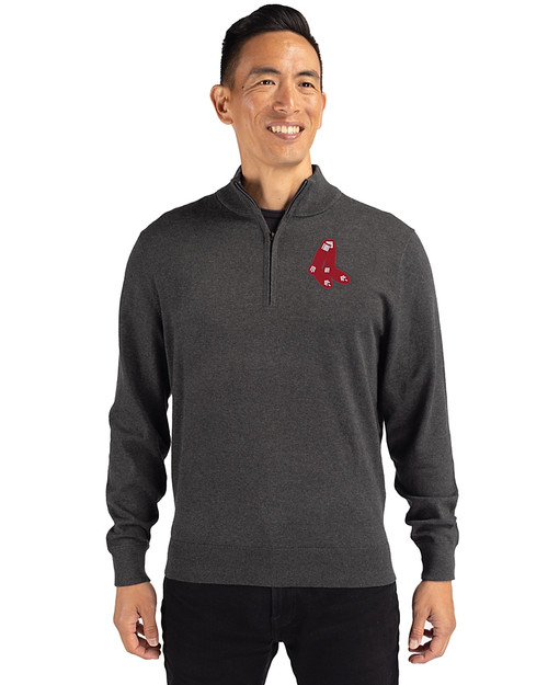 Boston Red Sox Cooperstown Cutter & Buck Lakemont Tri-Blend Mens Quarter Zip Pullover Sweater Charcoal Heather Front