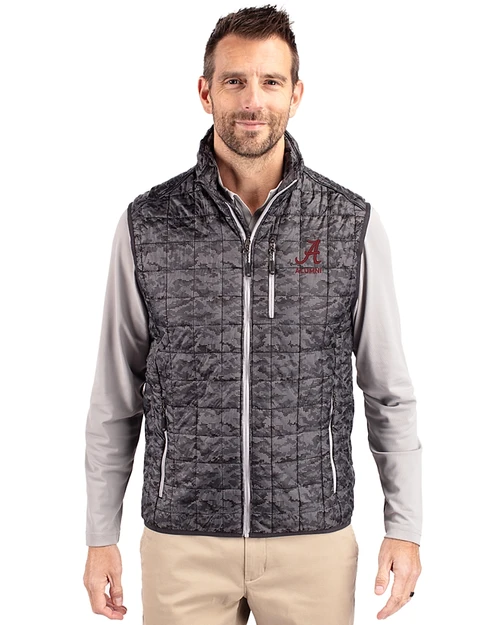 Alabama Crimson Tide Alumni Cutter & Buck Rainier Recycled Insulated Printed Puffer Mens Full Zip Vest Black Front