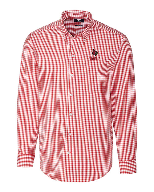 Louisville Cardinals Alumni Cutter & Buck Easy Care Stretch Gingham Mens Long Sleeve Dress Shirt Cardinal Red Mannequin