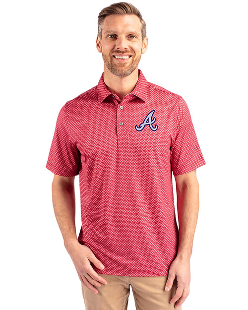 Atlanta Braves Cooperstown Cutter & Buck Pike Banner Print Stretch Mens Polo Cardinal Red Front