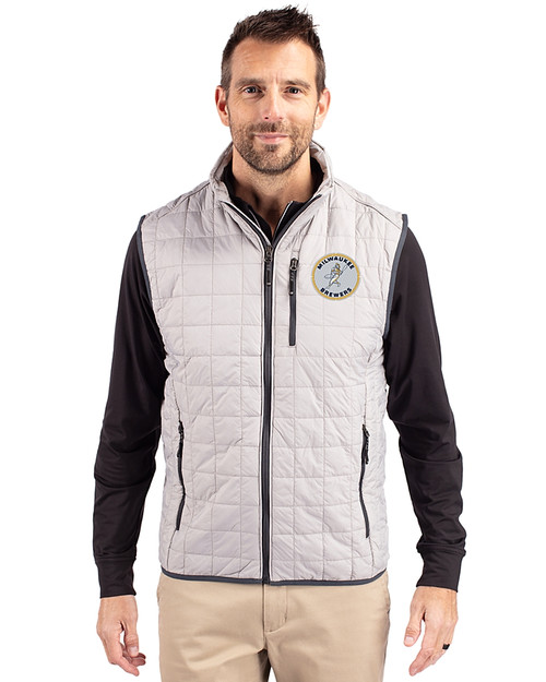 Milwaukee Brewers Cooperstown Cutter & Buck Rainier PrimaLoft® Mens Big and Tall Eco Insulated Full Zip Puffer Vest Polished Medium Gray Front