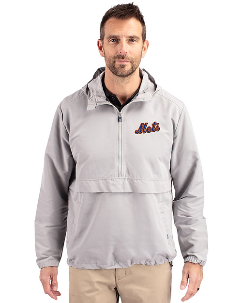 New York Mets Cooperstown Cutter & Buck Charter Eco Recycled Mens Anorak Jacket Polished Medium Gray Front