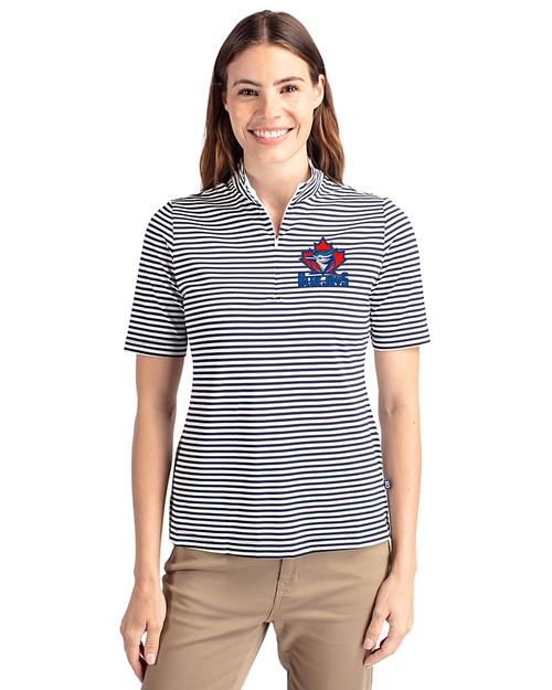 Toronto Blue Jays Cooperstown Cutter & Buck Virtue Eco Pique Stripe Recycled Womens Top Navy Blue Front
