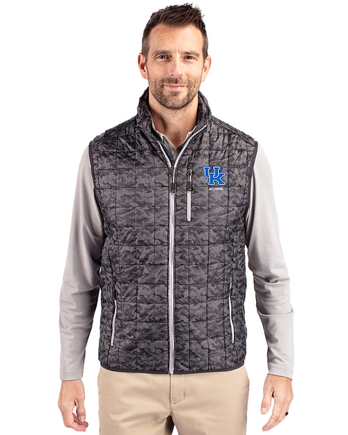 Kentucky Wildcats Alumni Cutter & Buck Rainier PrimaLoft® Mens Eco Insulated Full Zip Printed Puffer Vest Black Front