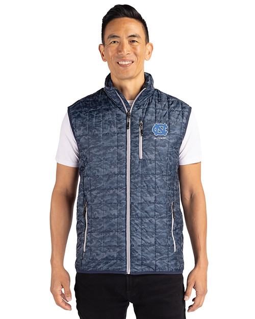 North Carolina Tar Heels Alumni Cutter & Buck Rainier PrimaLoft® Mens Eco Insulated Full Zip Printed Puffer Vest Dark Navy Front