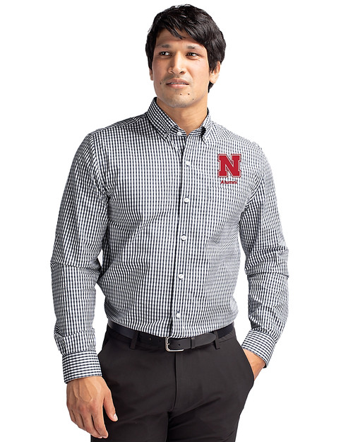 Nebraska Cornhuskers Alumni Cutter & Buck Easy Care Stretch Gingham Mens Long Sleeve Dress Shirt Charcoal Front