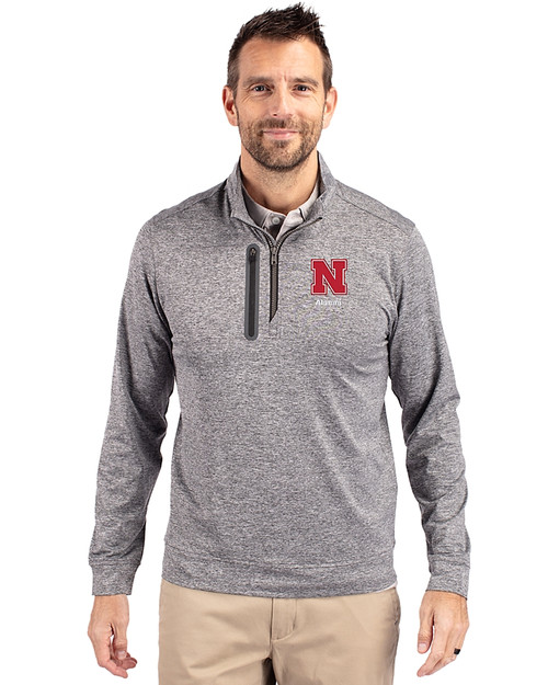 Nebraska Cornhuskers Alumni Cutter & Buck Stealth Heathered Quarter Zip Mens Pullover Elemental Grey Front