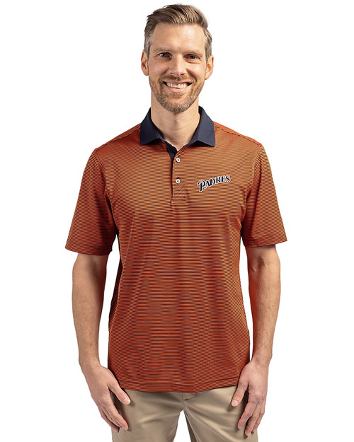 San Diego Padres Cooperstown Cutter & Buck Virtue Eco Pique Micro Stripe Recycled Mens Polo College Orange/Navy Blue Front