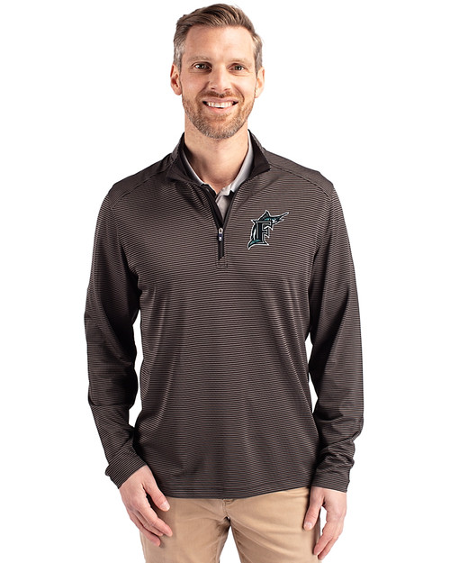 Miami Marlins Cooperstown Cutter & Buck Virtue Eco Pique Micro Stripe Recycled Mens Quarter Zip Black/Elemental Grey Front
