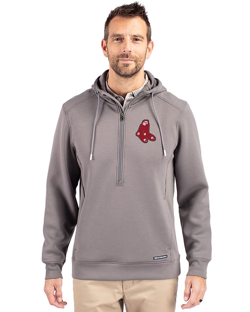 Boston Red Sox Cooperstown Cutter & Buck Roam Epic Versatility Half Zip Recycled Mens Hooded Pullover Elemental Grey Front