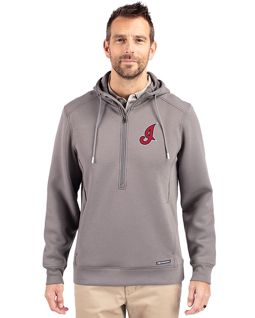 Cleveland Indians Cooperstown Cutter & Buck Roam Epic Versatility Half Zip Recycled Mens Hooded Pullover Elemental Grey Front